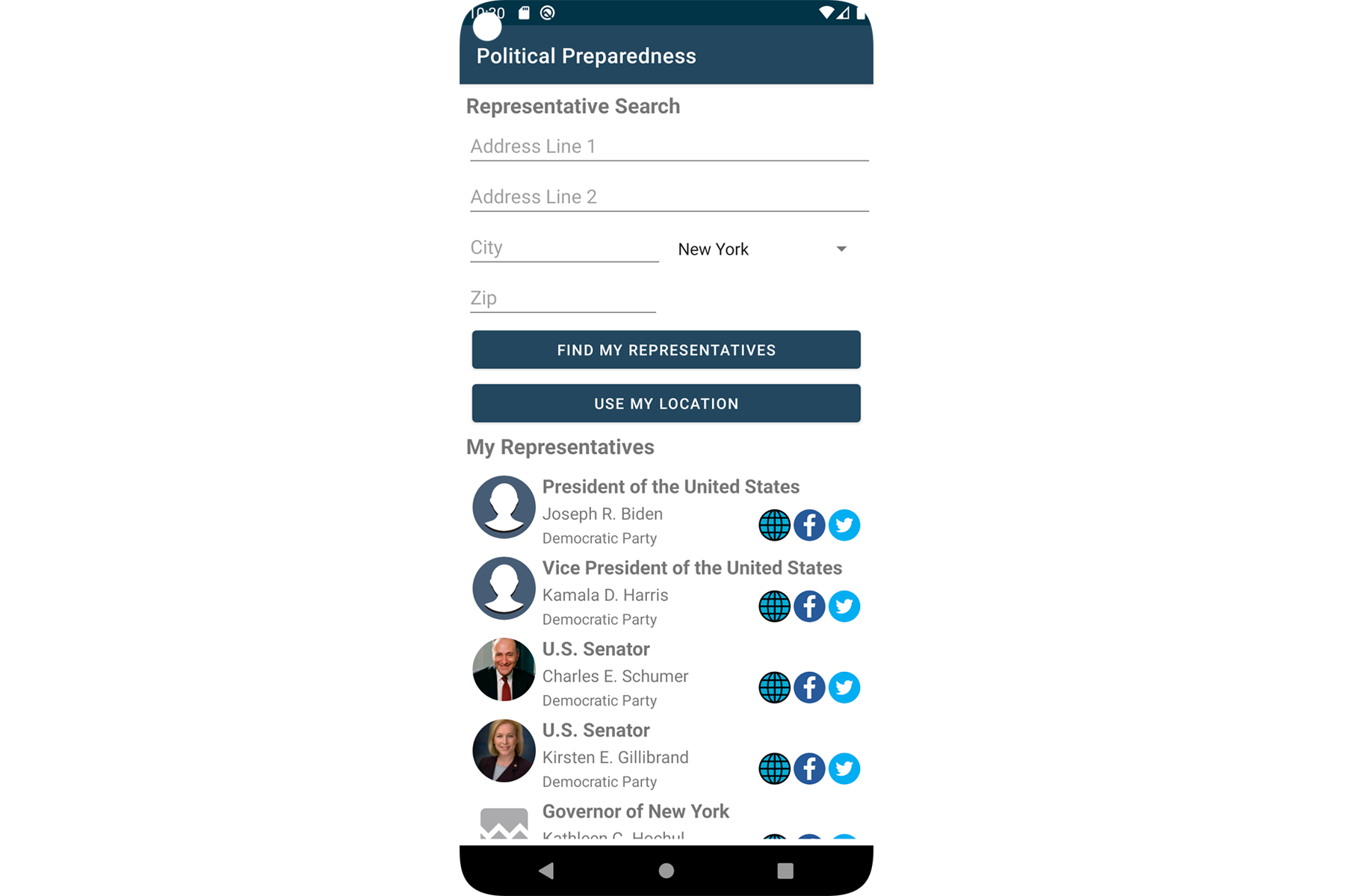 Political Representatives app screenshot