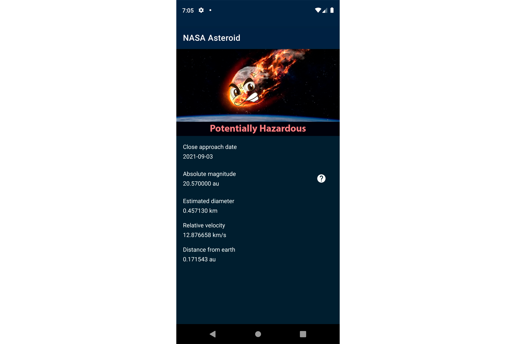 Nasa asteroid app screenshot