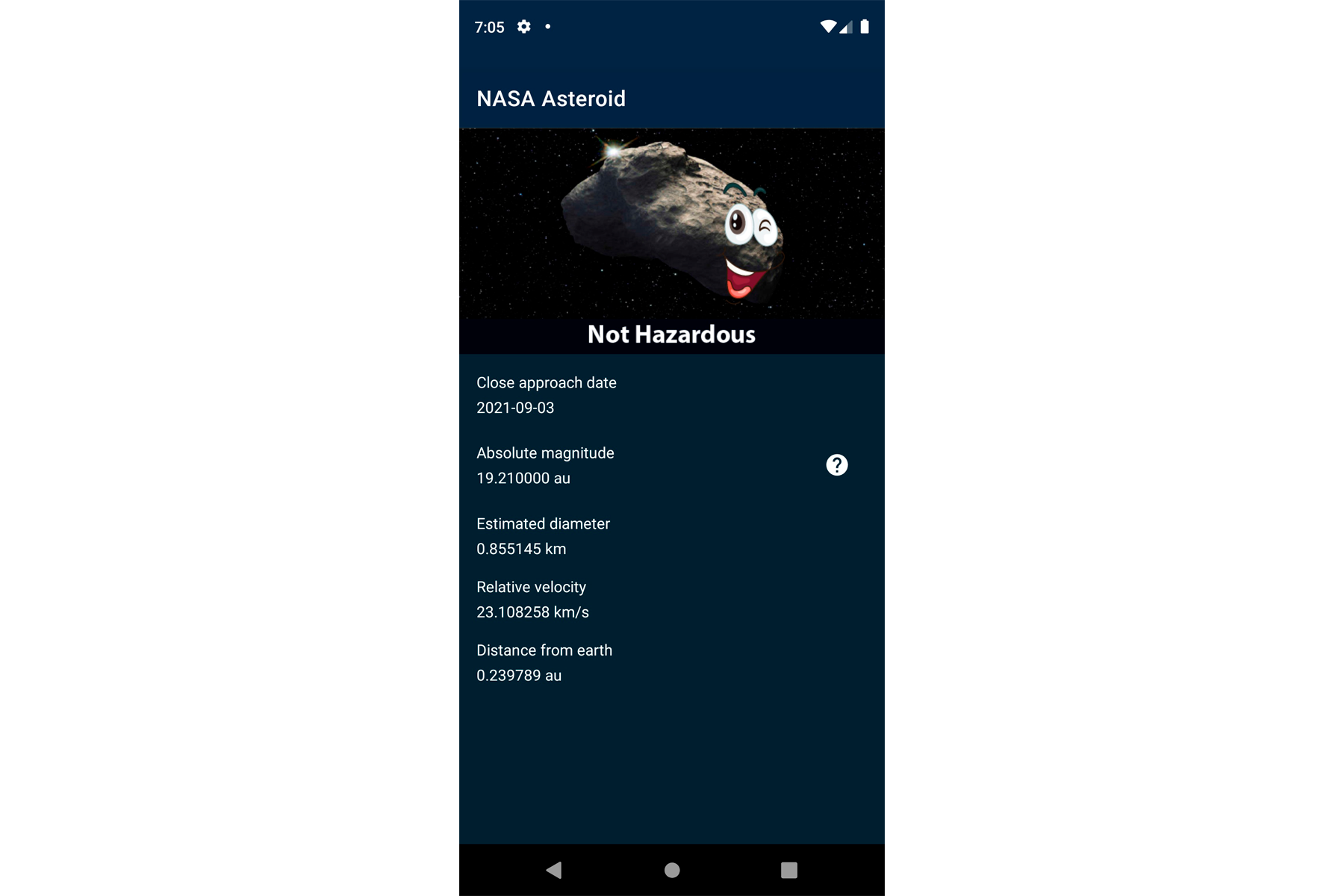 Nasa asteroid app screenshot